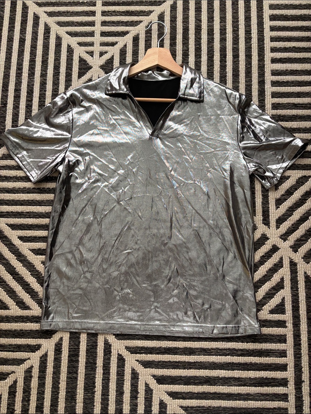 Men's Metallic Silver Polo Shirt - Shiny Short Sleeve